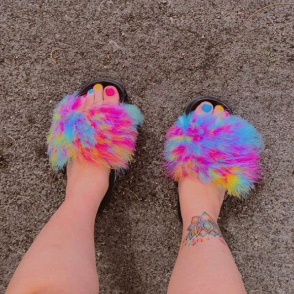 Rainbow Fur Slippers / Fuzzy Slides (Black) - Picture 8 of 10